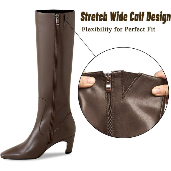 ⚡Women Faux Leather Brown Square Toe Chunky Block Heels Side Zipper Boots - Picture 2 of 5